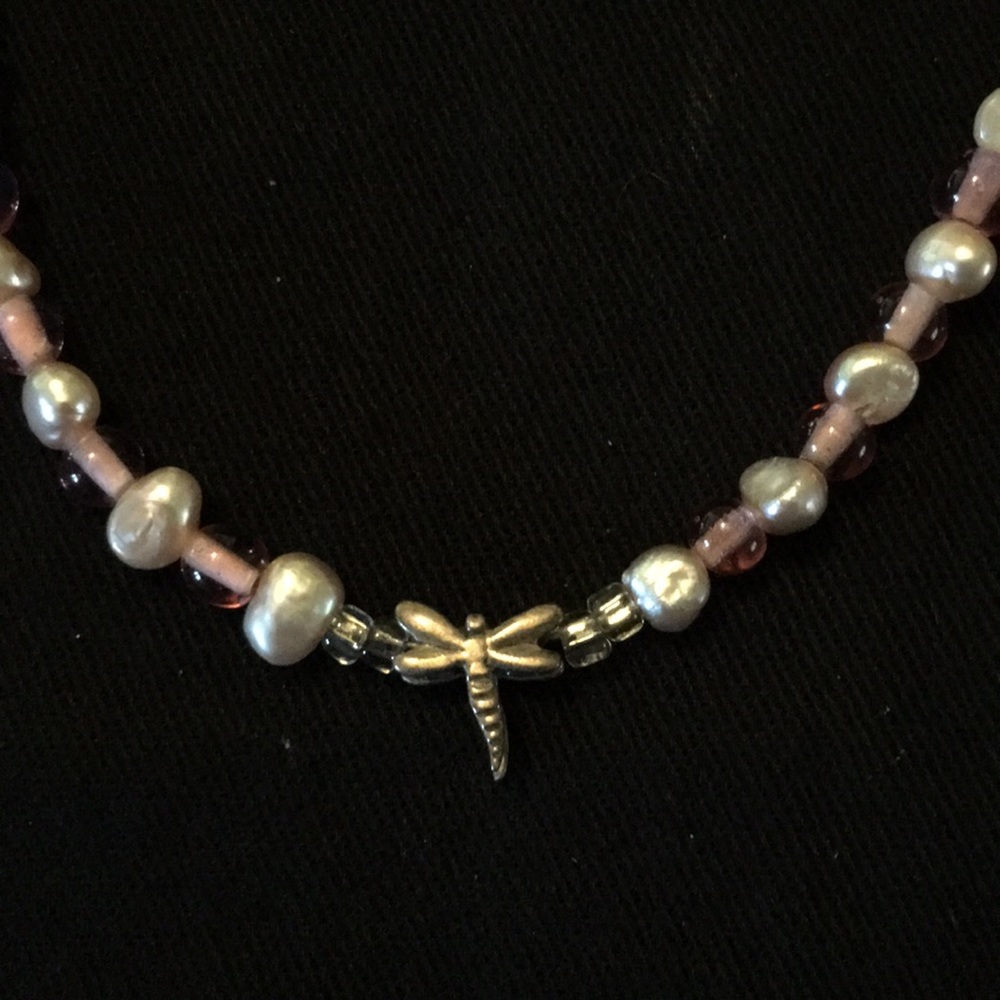 Pink and white crystal beaded dragonfly necklace